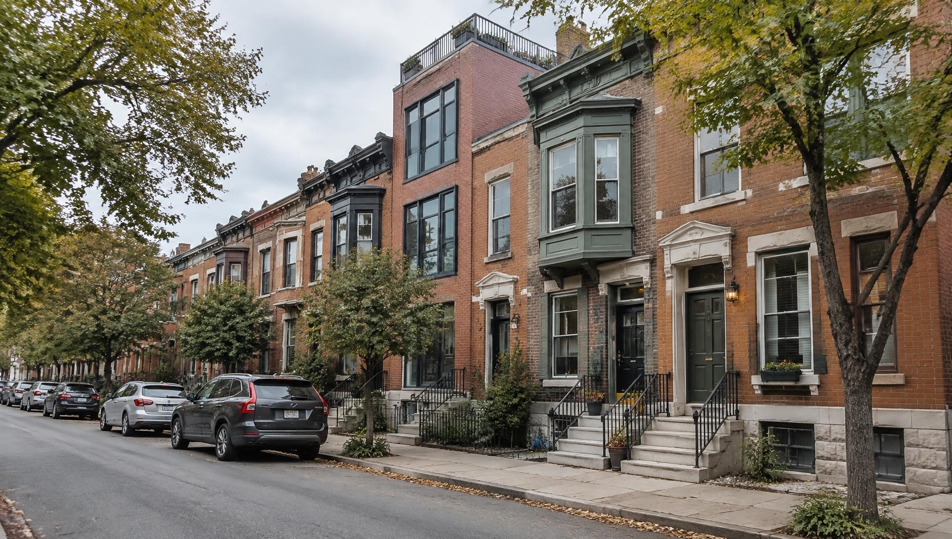 Brewerytown-style Philadelphia brick rowhome block with stoops, street trees, and rooftop decks